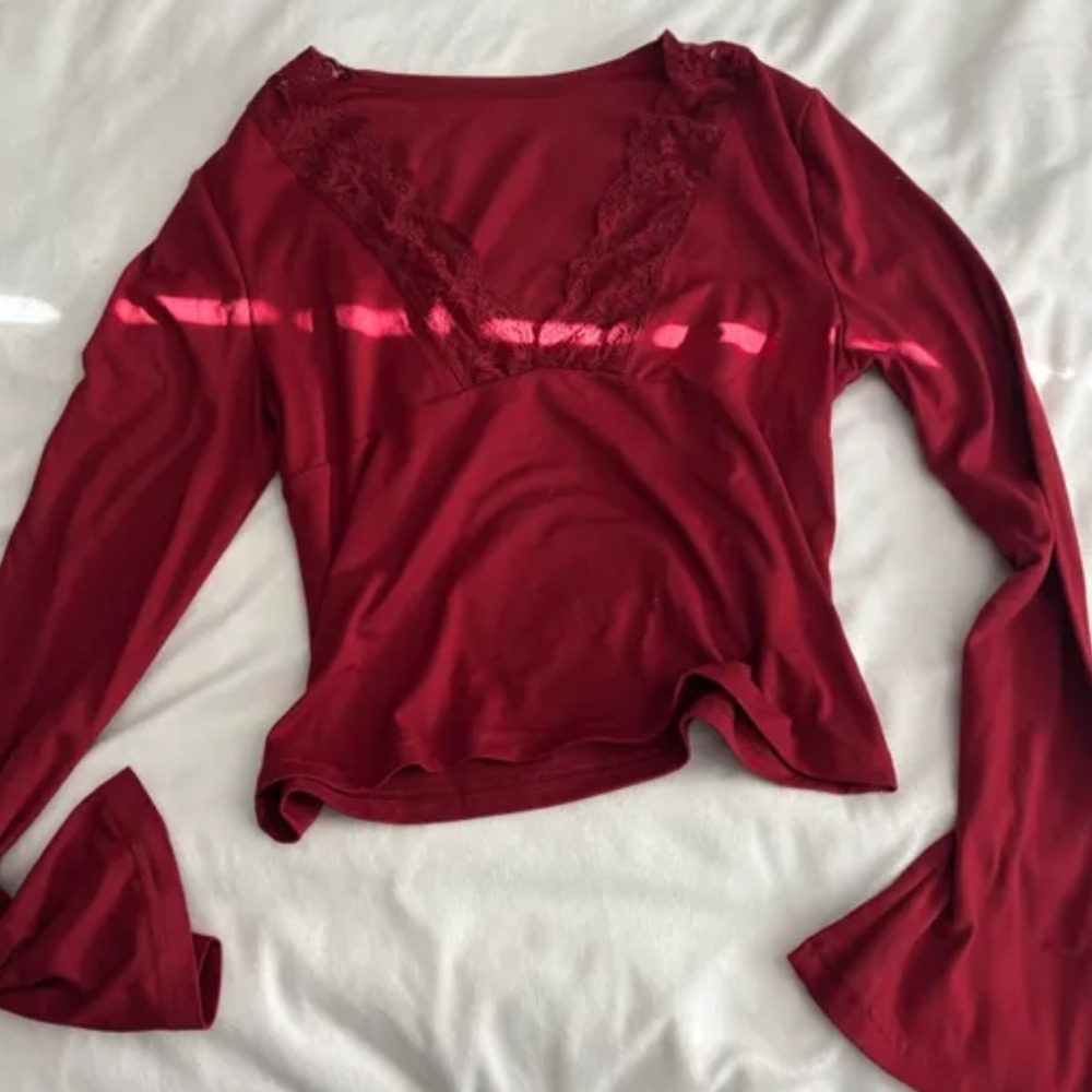 SHEIN bell sleeve lace trim top